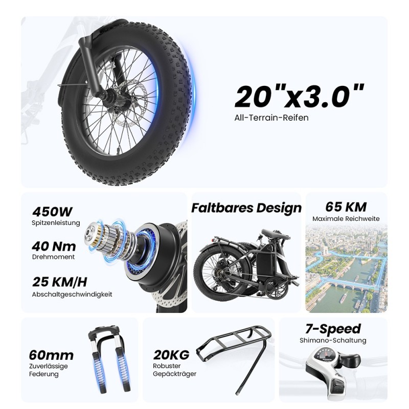 Touroll S3 Step-Thru Klapp-Fatbike City E-Bike 13Ah 65 km Reichweite Rot