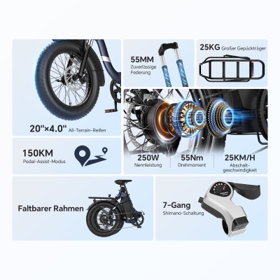 Touroll S2 Klapp-E-Bike 20 Zoll Fatbike 150km Reichweite