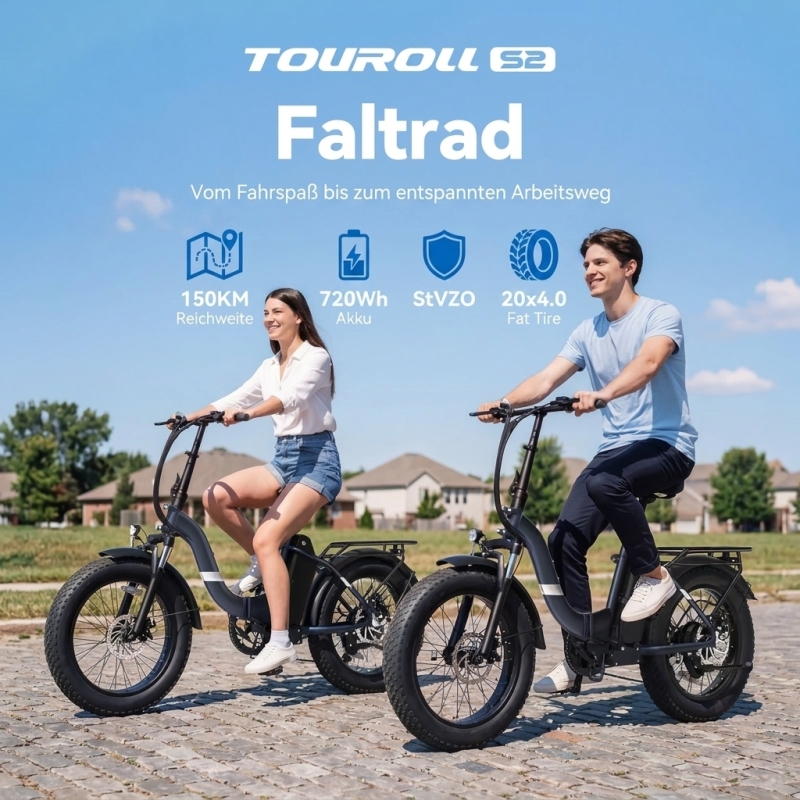 Touroll S2 Klapp-E-Bike 20 Zoll Fatbike 150km Reichweite
