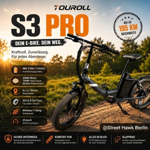 Touroll S3 Pro Klapp-Fatbike | 195 km Reichweite, StVZO Straßenzulassung