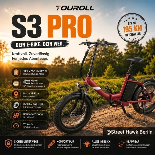 Touroll S3 Pro Klapp-Fatbike Pedelec 27Ah Akku 195 km StVZO 25km/h Rot 2
