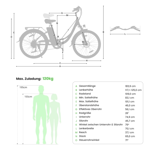 Touroll B1 City E-Bike 26 Zoll Step-Through 250W 90 km Reichweite