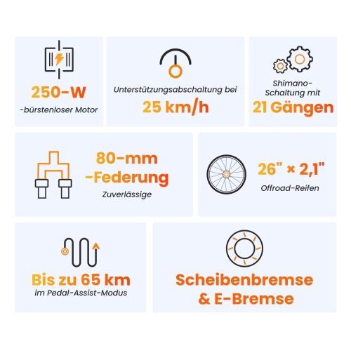 Touroll U1 Step-over 26" E-Mountainbike 65 km Reichweite 45 Nm StVZO