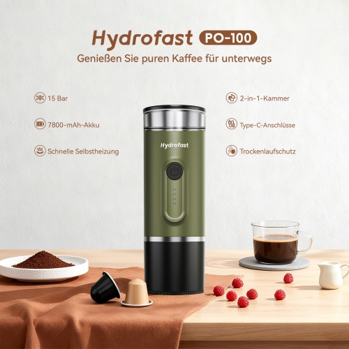 Hydrofast PO-100 Tragbarer Espressobereiter  9600mAh Batteriebetrieben  20-Bar Druck  2-in-1 Kaffeemaschine für Kapseln/Gemahl 2