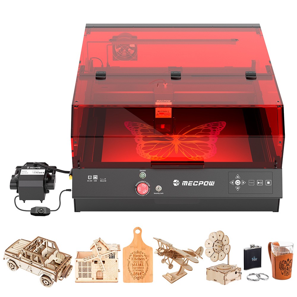 Mecpow X4 Pro 22W Lasergravierer mit FDA Klasse 1 Gehäuse, integrierter Kamera und 30 L/min Luftunterstützung, 410x400mm Gravier