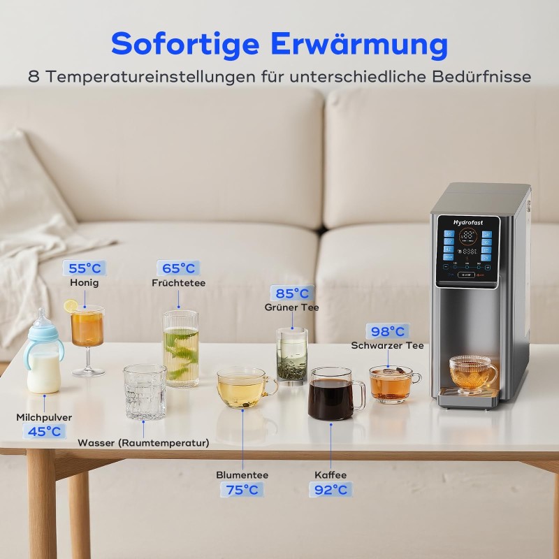 Hydrofast W100 Arbeitsplatten Wasserreiniger – RO Wasserfilter mit UV, 8 Temperaturen, 4L Tank
