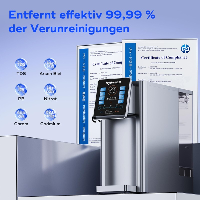Hydrofast W100 Arbeitsplatten Wasserreiniger – RO Wasserfilter mit UV, 8 Temperaturen, 4L Tank