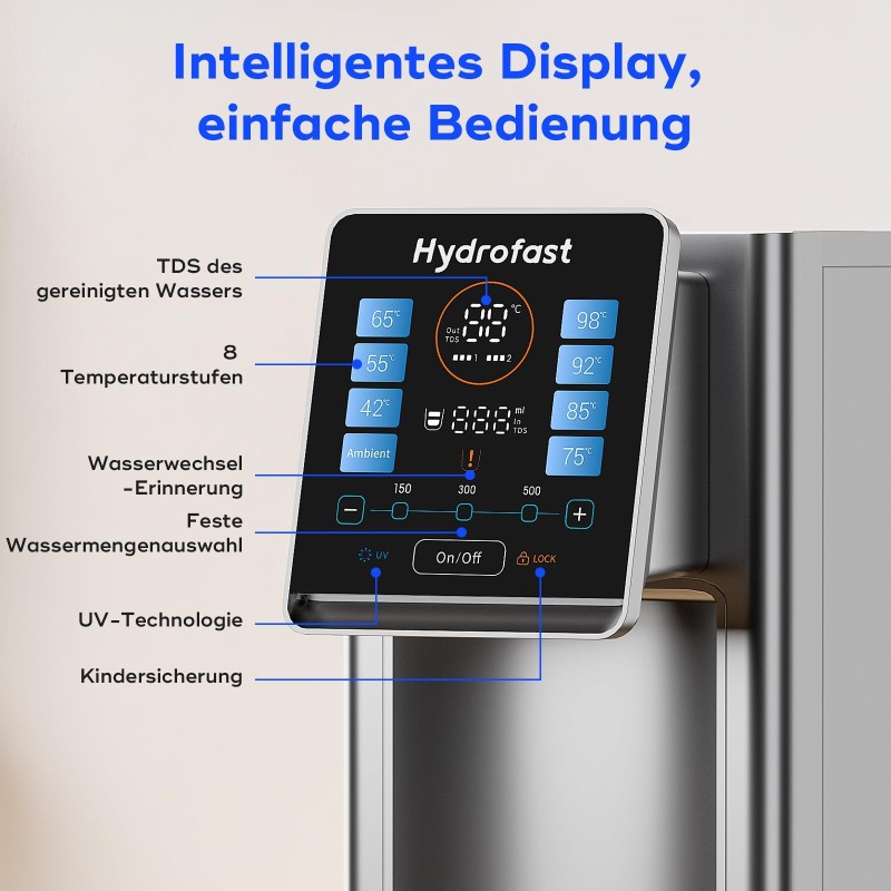 Hydrofast W100 Arbeitsplatten Wasserreiniger – RO Wasserfilter mit UV, 8 Temperaturen, 4L Tank