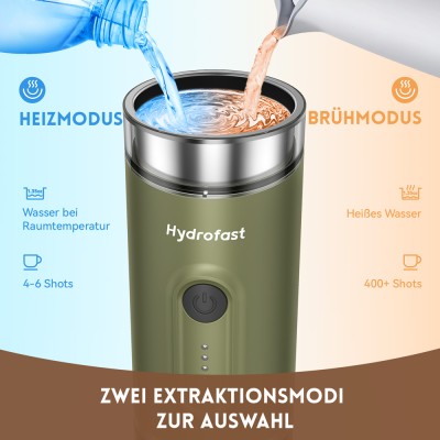 Hydrofast PO-100 Tragbarer Espressobereiter  9600mAh Batteriebetrieben  20-Bar Druck  2-in-1 Kaffeemaschine für Kapseln/Gemahl