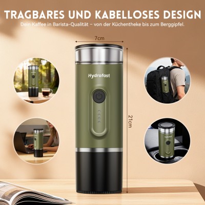 Hydrofast PO-100 Tragbarer Espressobereiter  9600mAh Batteriebetrieben  20-Bar Druck  2-in-1 Kaffeemaschine für Kapseln/Gemahl
