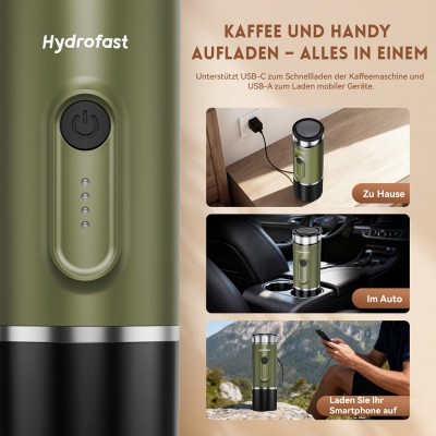Hydrofast PO-100 Tragbarer Espressobereiter  9600mAh Batteriebetrieben  20-Bar Druck  2-in-1 Kaffeemaschine für Kapseln/Gemahl