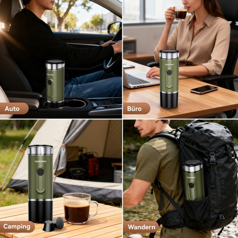 Hydrofast PO-100 Tragbarer Espressobereiter  9600mAh Batteriebetrieben  20-Bar Druck  2-in-1 Kaffeemaschine für Kapseln/Gemahl