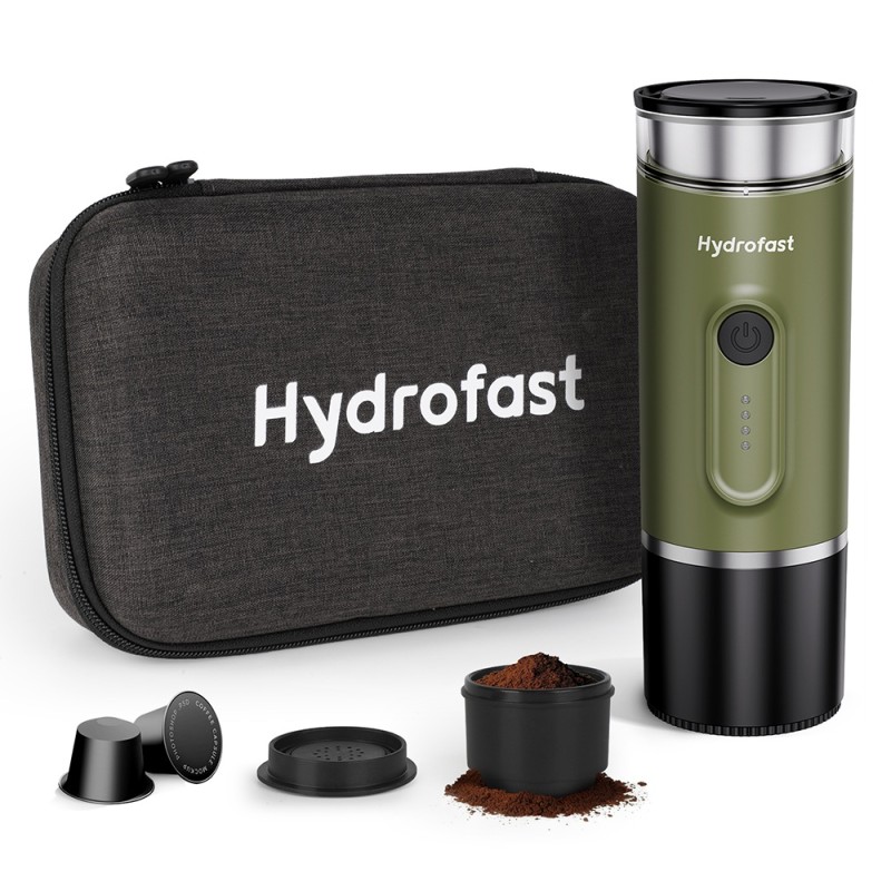 Hydrofast PO-100 Tragbarer Espressobereiter  9600mAh Batteriebetrieben  20-Bar Druck  2-in-1 Kaffeemaschine für Kapseln/Gemahl