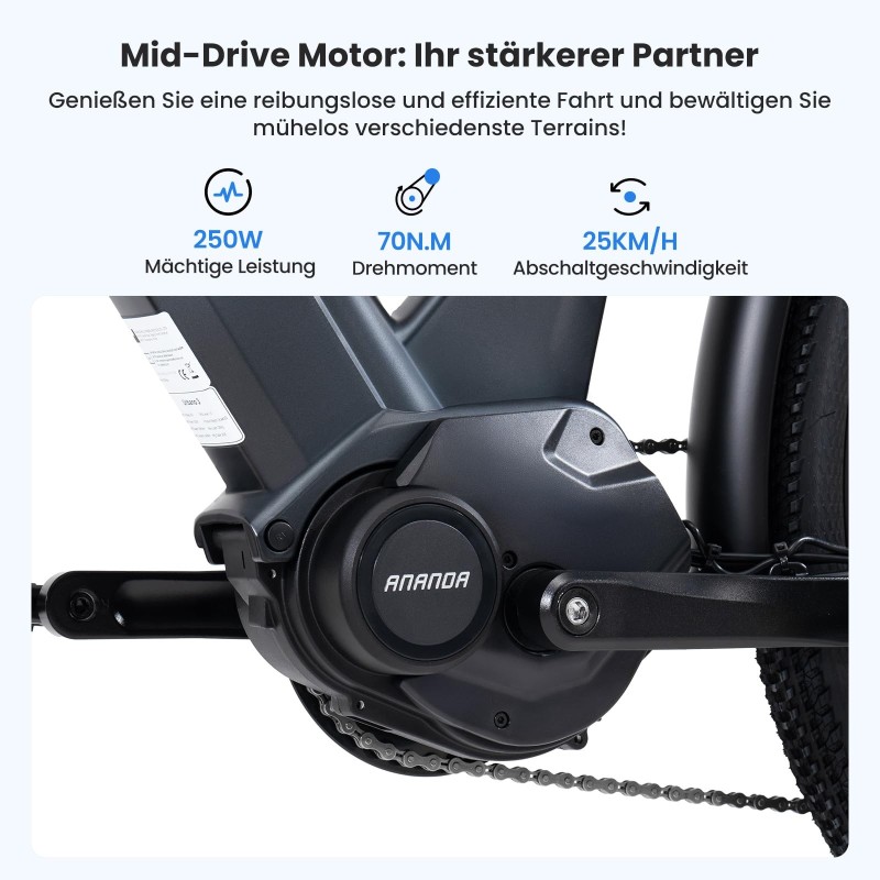 Touroll Urbano 3 E-Bike 250W Mittelmotor Blau 27,5 Zoll Pendler E Bike mit 120 km Reichweite