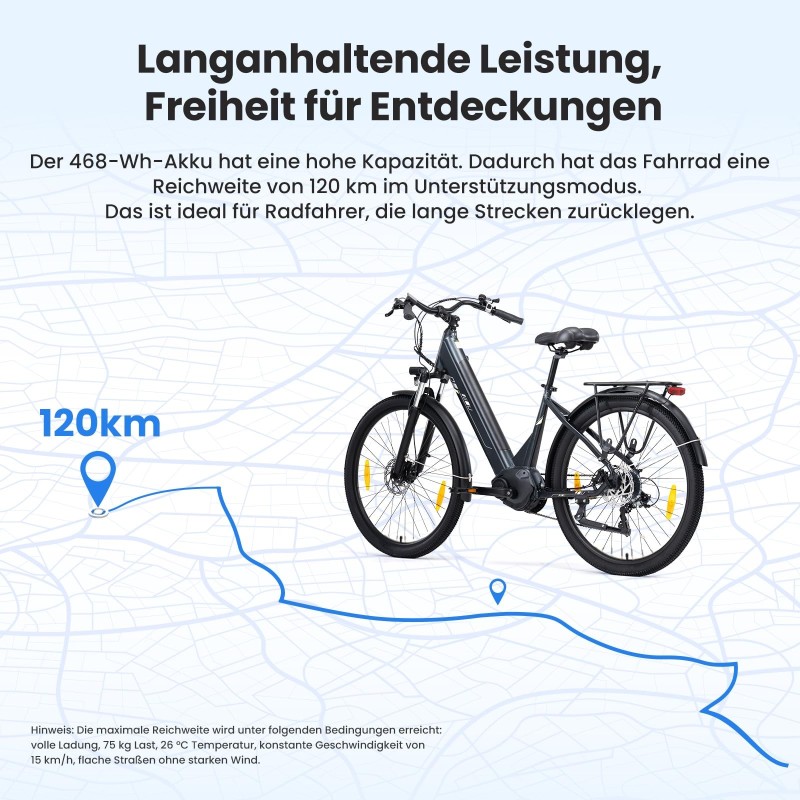 Touroll Urbano 3 E-Bike 250W Mittelmotor Blau 27,5 Zoll Pendler E Bike mit 120 km Reichweite