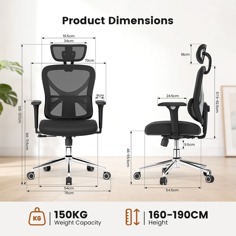 ACGAM CG-5345M Ergonomischer Stuhl  90–130 °    Verstellbare Rückenlehne  3D-Armlehnen  2D-Kopfstütze  Lendenwirbelstütze