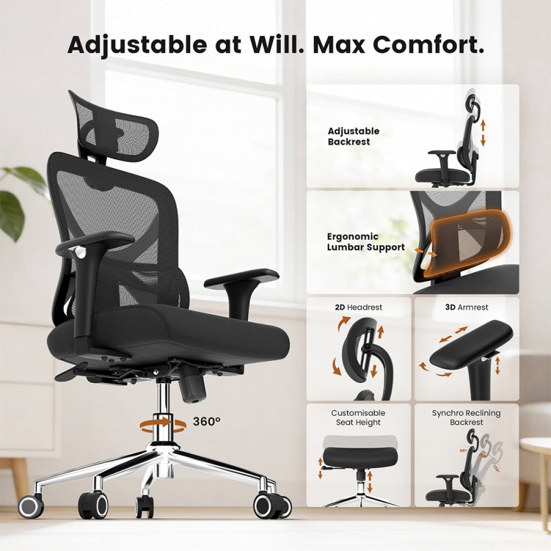 ACGAM CG-5345M Ergonomischer Stuhl  90–130 °    Verstellbare Rückenlehne  3D-Armlehnen  2D-Kopfstütze  Lendenwirbelstütze