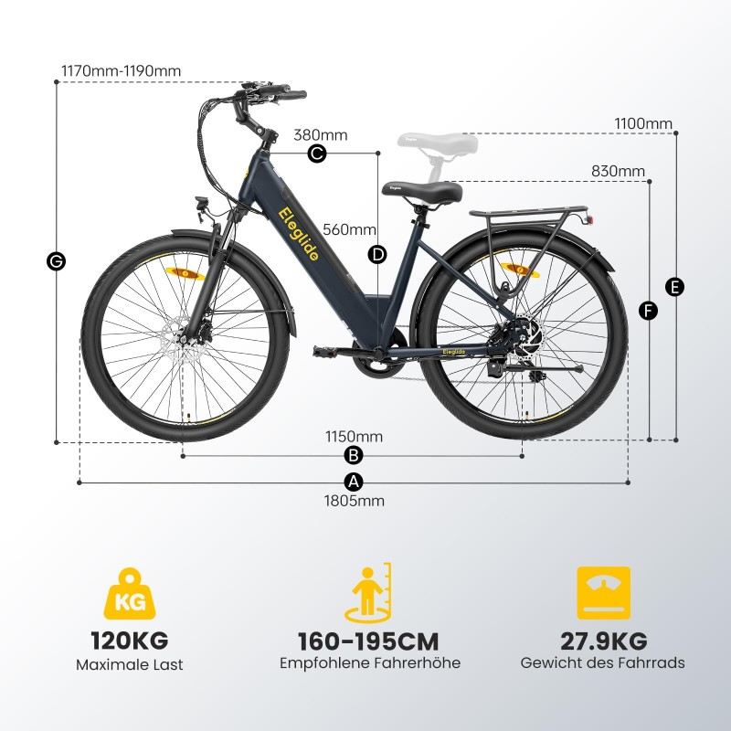 Eleglide T2 E-Bike 27,5 Zoll 100 km Reichweite 13 Ah Akku Grau